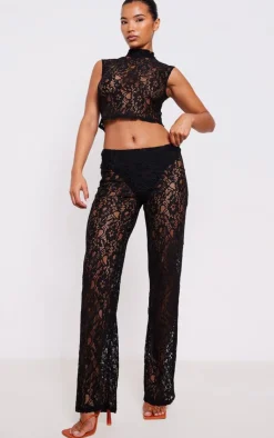 Hot PrettyLittleThing Sheer Lace High Neck Sleeveless Top Black