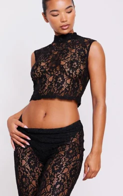 Hot PrettyLittleThing Sheer Lace High Neck Sleeveless Top Black