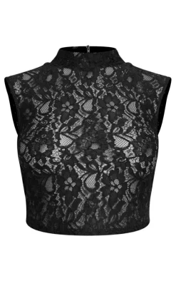 Hot PrettyLittleThing Sheer Lace High Neck Sleeveless Top Black