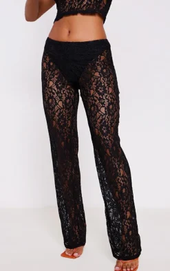 Discount PrettyLittleThing Sheer Lace High Waisted Flared Pants Black