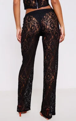 Discount PrettyLittleThing Sheer Lace High Waisted Flared Pants Black