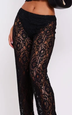 Discount PrettyLittleThing Sheer Lace High Waisted Flared Pants Black