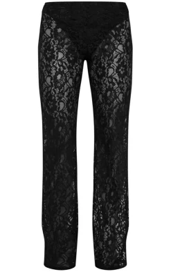 Discount PrettyLittleThing Sheer Lace High Waisted Flared Pants Black