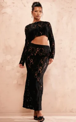Outlet PrettyLittleThing Sheer Lace Low Rise Fishtail Maxi Skirt Black