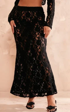 Outlet PrettyLittleThing Sheer Lace Low Rise Fishtail Maxi Skirt Black