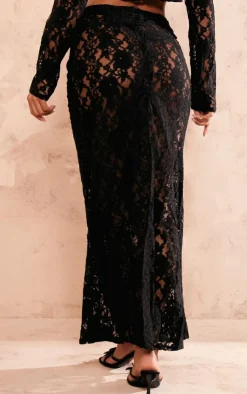 Outlet PrettyLittleThing Sheer Lace Low Rise Fishtail Maxi Skirt Black