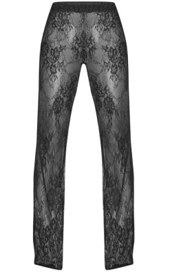Online PrettyLittleThing Sheer Lace Wide Leg Pants Black