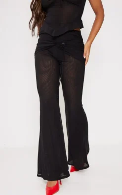 Best PrettyLittleThing Sheer Mesh Drawstring Fold Over Hem Flared Pants Black