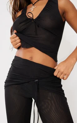 Best PrettyLittleThing Sheer Mesh Drawstring Fold Over Hem Flared Pants Black