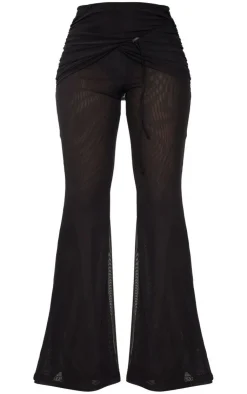 Best PrettyLittleThing Sheer Mesh Drawstring Fold Over Hem Flared Pants Black