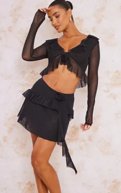 Hot PrettyLittleThing Sheer Mesh Rose Ruffle Mini Skirt Black