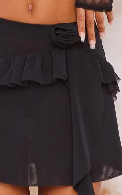 Hot PrettyLittleThing Sheer Mesh Rose Ruffle Mini Skirt Black