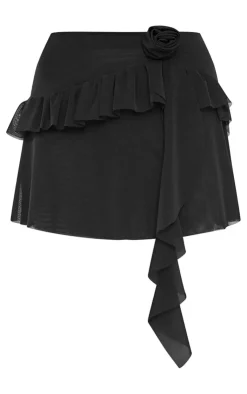 Hot PrettyLittleThing Sheer Mesh Rose Ruffle Mini Skirt Black