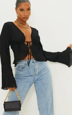 Sheer Plisse Tie Front Flute Sleeve Blouse-PrettyLittleThing Hot