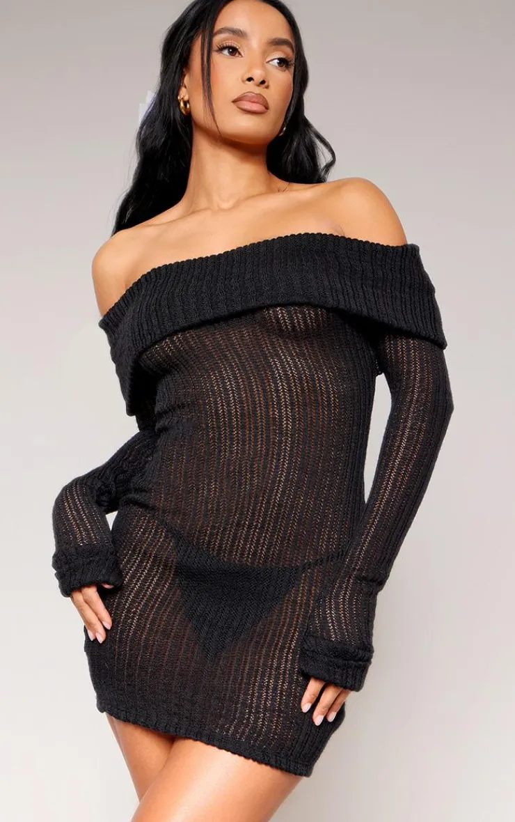 Sheer Rib Fold Over Bardot Bodycon Dress-PrettyLittleThing Online