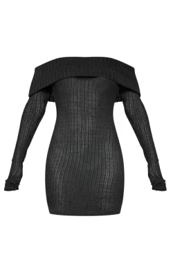 Sheer Rib Fold Over Bardot Bodycon Dress-PrettyLittleThing Online