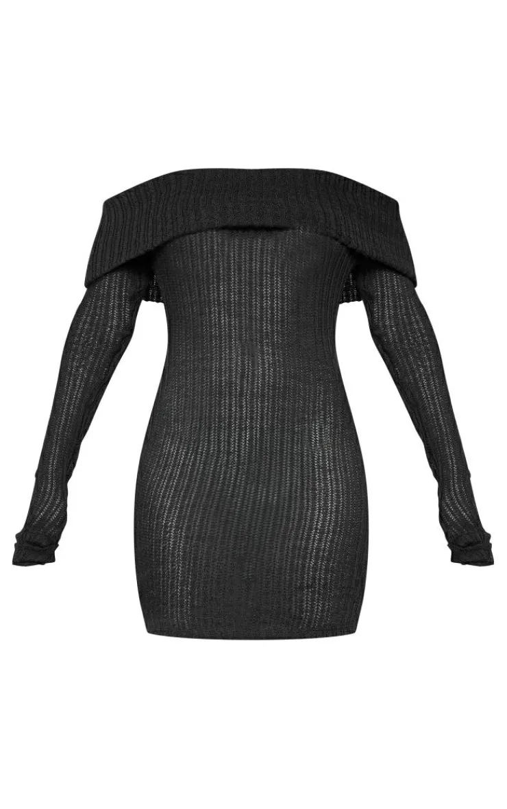 Sheer Rib Fold Over Bardot Bodycon Dress-PrettyLittleThing Online