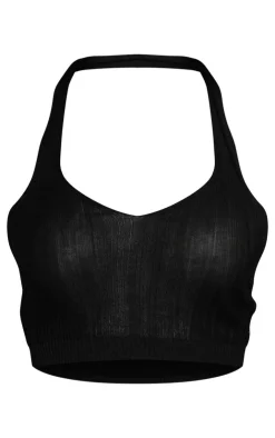Online PrettyLittleThing Sheer Rib Knit Halterneck Keyhole Crop Top Black