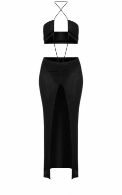 Sheer Ribbed Knit Cut Out Halterneck Maxi Dress-PrettyLittleThing Hot