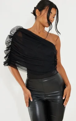 Sheer Ruffle One Shoulder Bodysuit-PrettyLittleThing Clearance