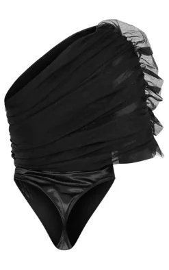 Sheer Ruffle One Shoulder Bodysuit-PrettyLittleThing Clearance