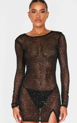Sheer Sequin Cowl Back Shift Dress-PrettyLittleThing Online