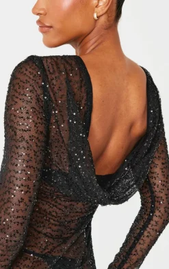 Sheer Sequin Cowl Back Shift Dress-PrettyLittleThing Online