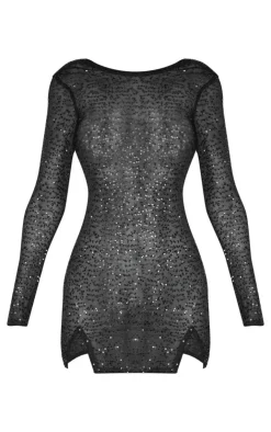 Sheer Sequin Cowl Back Shift Dress-PrettyLittleThing Online