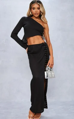 Hot PrettyLittleThing Sheer Soft Rib One Shoulder Asymmetric Hem Top Black