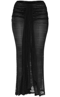 Black Sheer Textured Drape Front Maxi Skirt