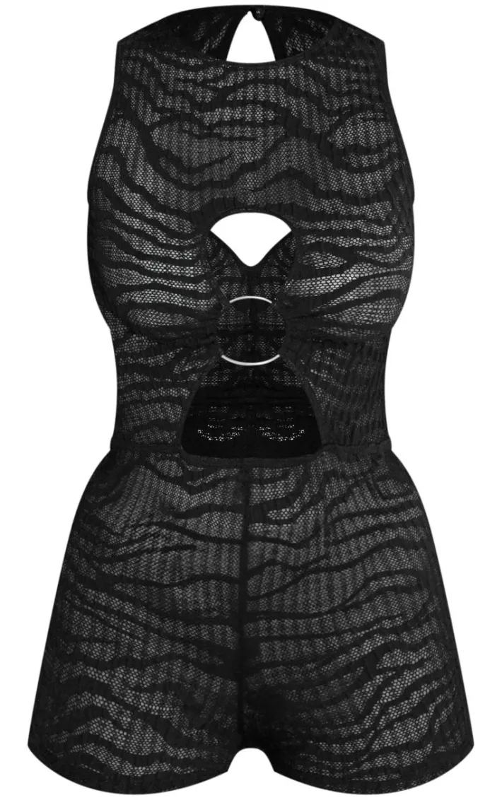 Black Sheer Textured Jersey Ring Detail Cut Out Romper