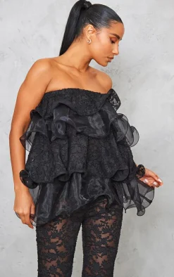 Best PrettyLittleThing Sheer Textured Lace Tiered Ruffle Bandeau Black