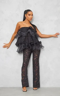 Best PrettyLittleThing Sheer Textured Lace Tiered Ruffle Bandeau Black