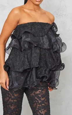 Best PrettyLittleThing Sheer Textured Lace Tiered Ruffle Bandeau Black