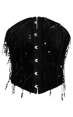 Online PrettyLittleThing Sheer Textured Rib Sequin Detail Hook & Eye Corset Black