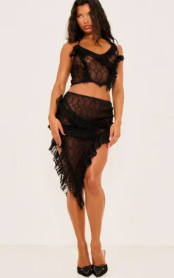 Hot PrettyLittleThing Sheer Textured Ruffle Asymmetric Mini Skirt Black