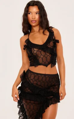 Hot PrettyLittleThing Sheer Textured Ruffle Asymmetric Mini Skirt Black