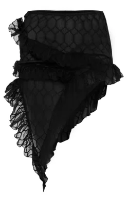 Hot PrettyLittleThing Sheer Textured Ruffle Asymmetric Mini Skirt Black