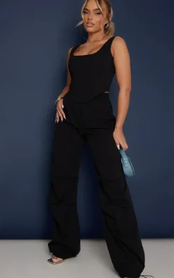 Discount PrettyLittleThing Shell Toggle Drawstring Ruched Cargo Pants Black