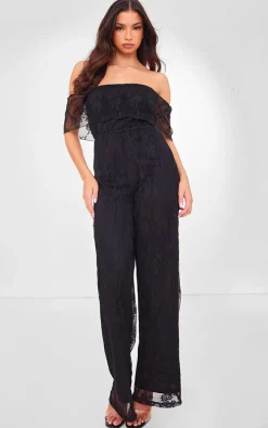 Black Shimmer Floral Lace Bardot Jumpsuit