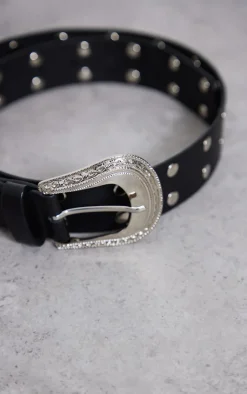 PrettyLittleThing Black Belts*Silver Stud Western Buckle Waist Belt