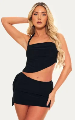 Discount PrettyLittleThing Skinny Cowl Hlaterneck Tie Crop Black