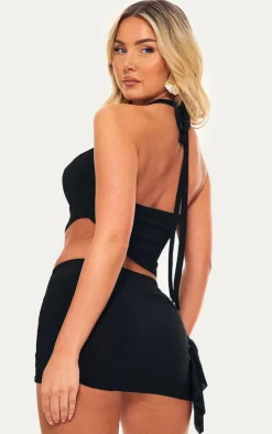 Discount PrettyLittleThing Skinny Cowl Hlaterneck Tie Crop Black