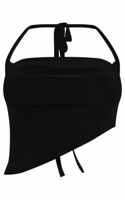 Discount PrettyLittleThing Skinny Cowl Hlaterneck Tie Crop Black