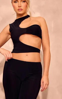 PrettyLittleThing Slinky Asymmetric Cut Out Detail Crop Top Black