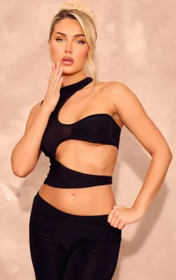 PrettyLittleThing Slinky Asymmetric Cut Out Detail Crop Top Black