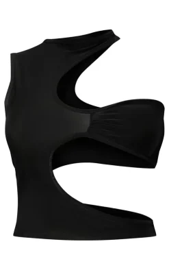 PrettyLittleThing Slinky Asymmetric Cut Out Detail Crop Top Black
