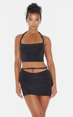 New PrettyLittleThing Slinky Braided Strap Detail Top Black
