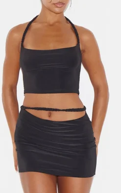 New PrettyLittleThing Slinky Braided Strap Detail Top Black