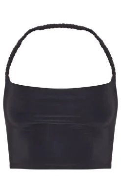 New PrettyLittleThing Slinky Braided Strap Detail Top Black